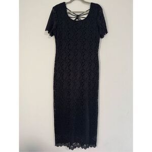 Vintage Black Lace Webbed Open Back Elegant Midi Semi Formal Dress 14